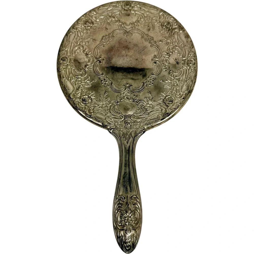 Vintage Ornate Floral Repousse Vanity Set Brush Mirror Comb Silver Tone Fair